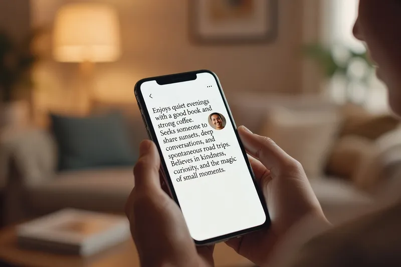 Close-up of a phone screen showing a thoughtful dating profile bio