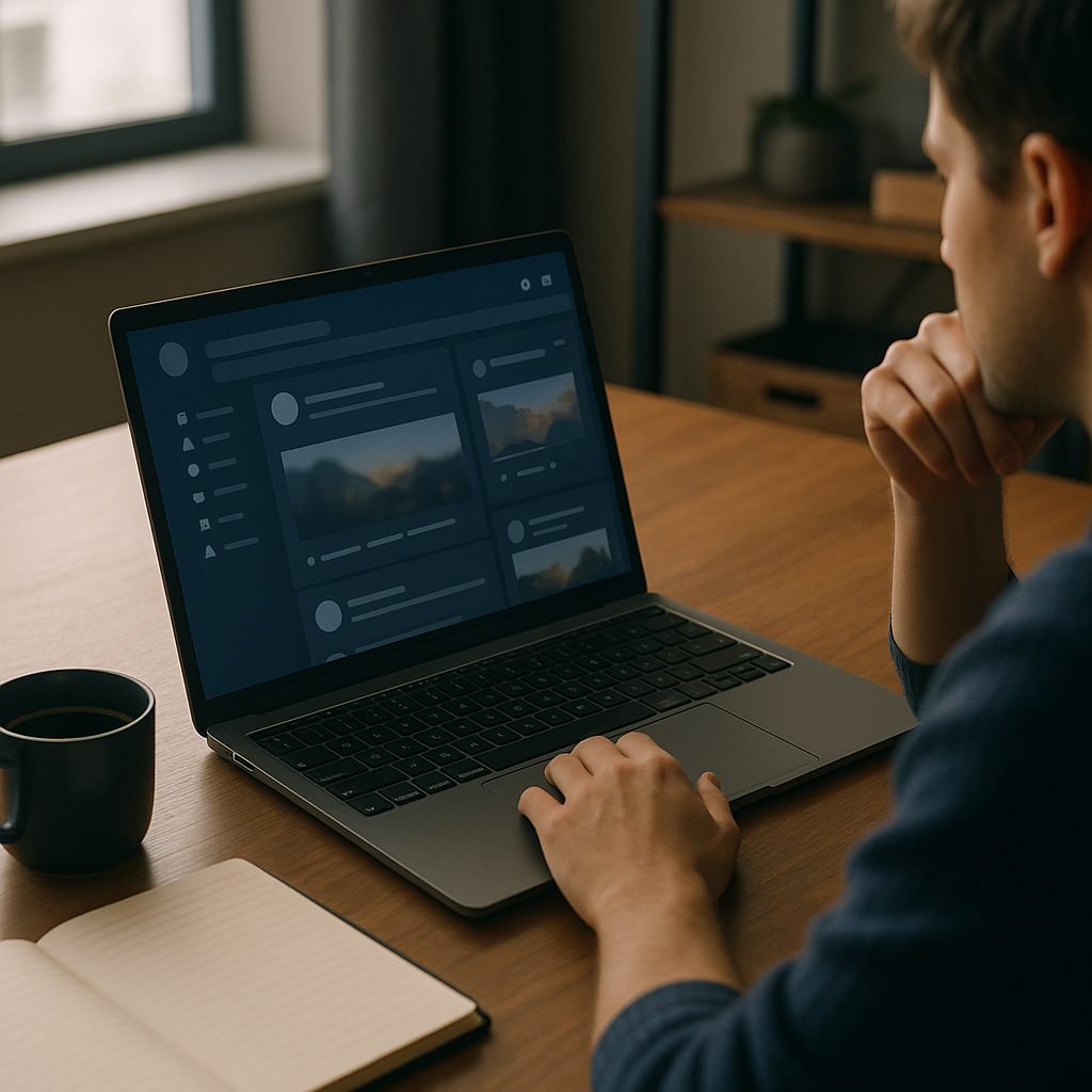 A person comparing international dating site options on a laptop at home