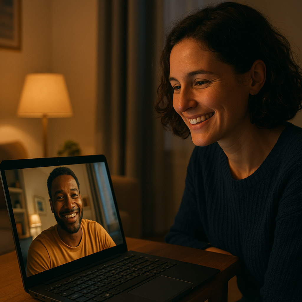 A couple having a warm video call across time zones