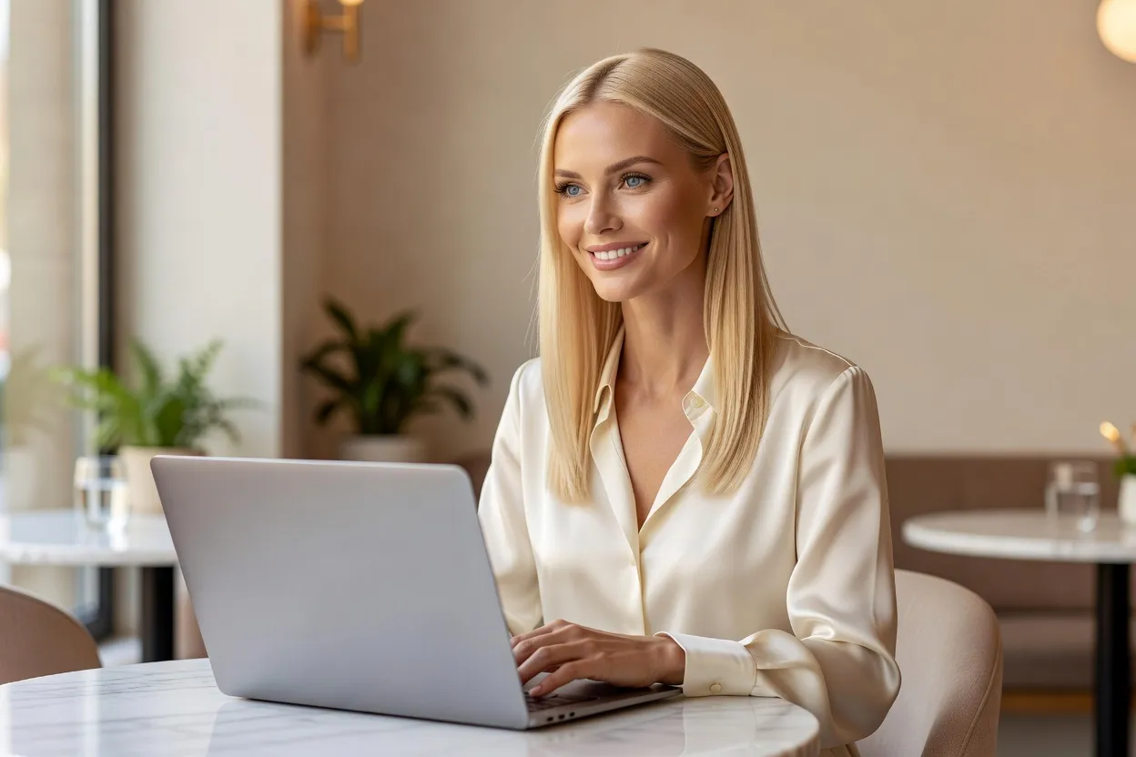 Elegant blonde woman smiling during a video call on her laptop in a cafe
