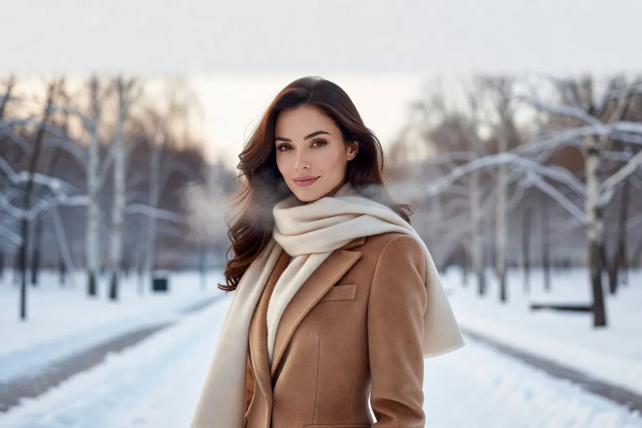 Elegant brunette woman in a camel coat and cream scarf in a snowy Moscow park