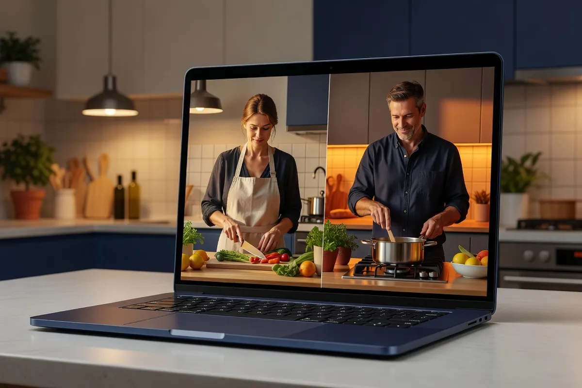 A video call between two people cooking the same recipe together in separate kitchens