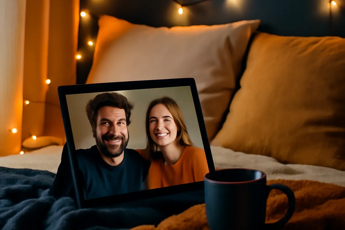 A cozy setup with a tablet propped up for a virtual date night, string lights and tea
