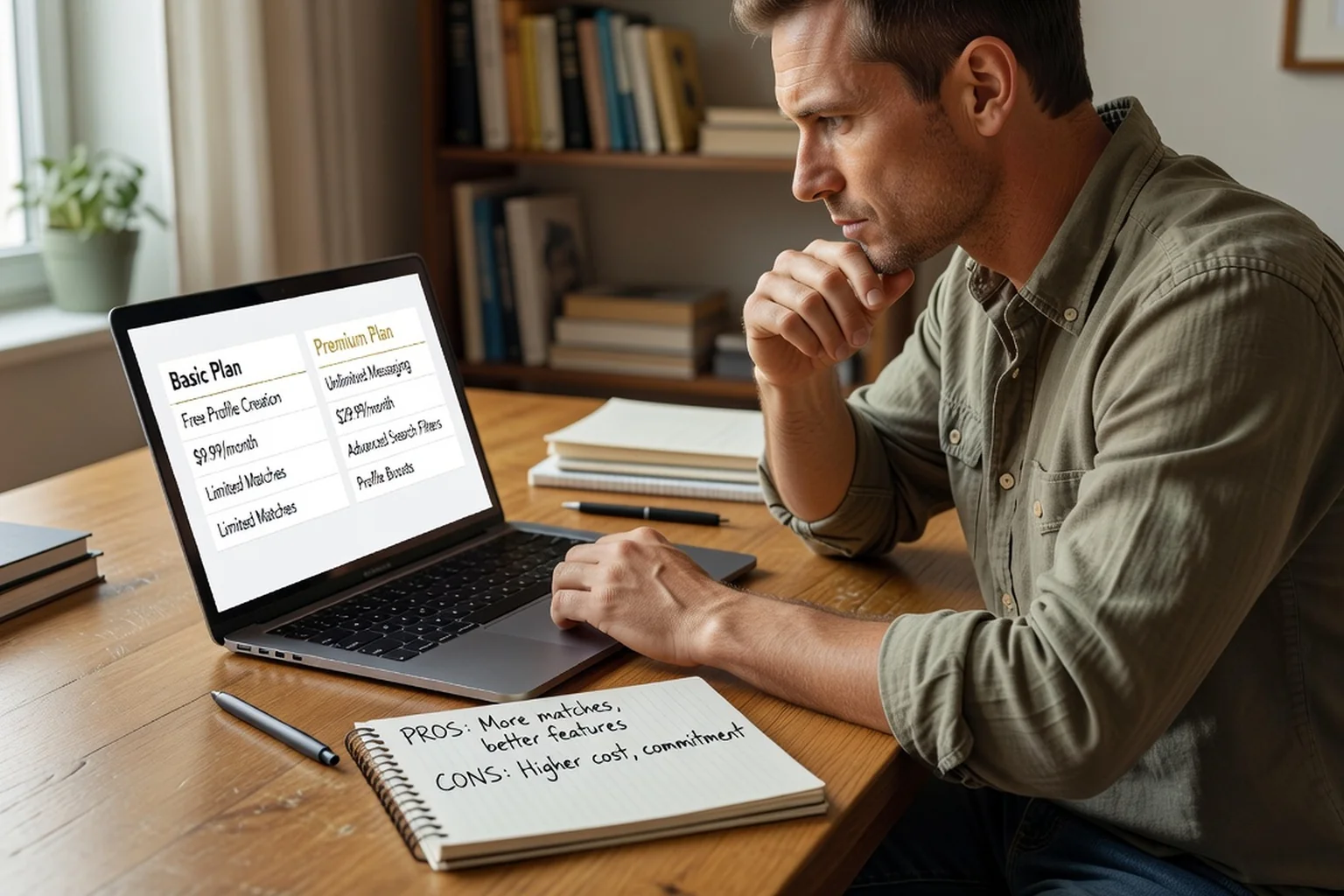 A man comparing ChinaLoveCupid membership plans and feature lists on a laptop screen