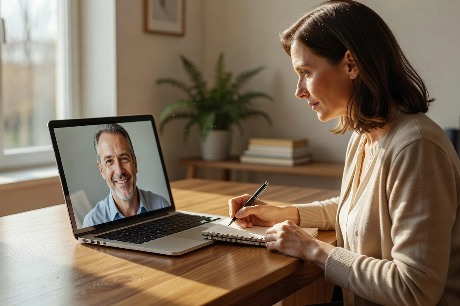 A woman on a video call with an international match while taking notes about profile verification