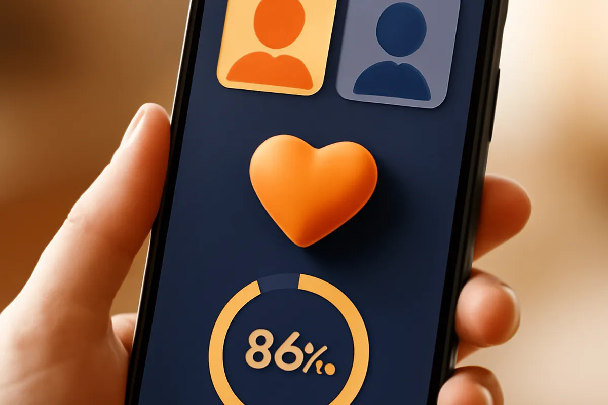 Close-up of a smartphone showing a dating app matching interface with a compatibility score