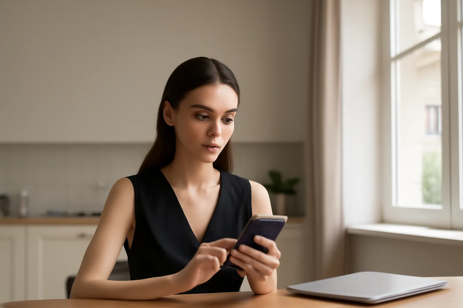 A woman at a kitchen table adjusting settings on her smartphone with a closed laptop beside her