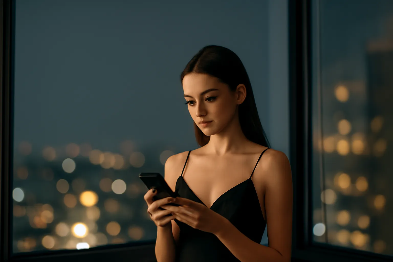 A woman by a dark window with city lights behind her, reading something on her phone with a guarded expression