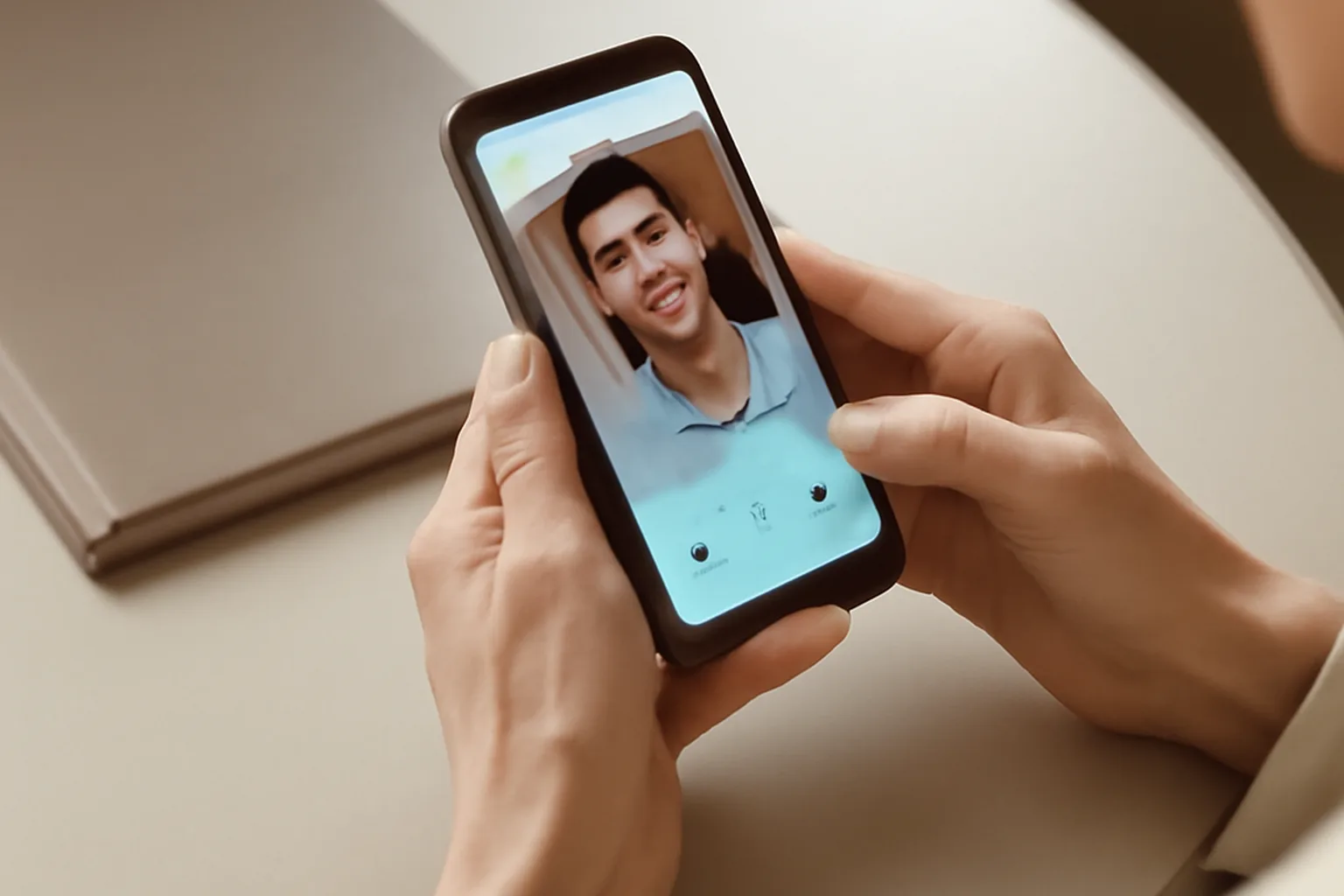 A person comparing a dating app on their phone next to a matchmaking service consultation folder