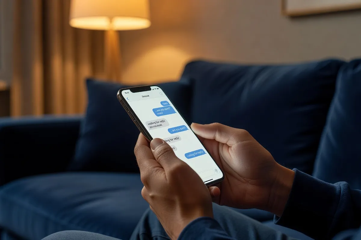 A person thoughtfully reading a text conversation on their phone, weighing whether to trust it