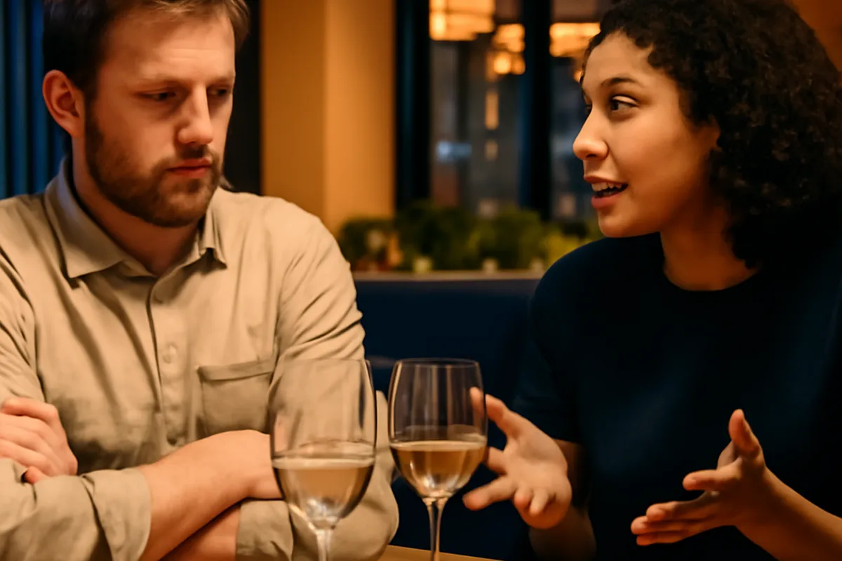Two people on a date, one showing subtle signs of discomfort while the other talks