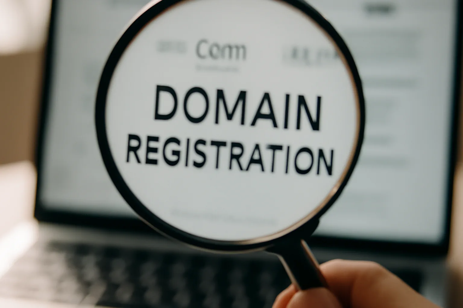 A magnifying glass hovering over a website domain registration record on a laptop screen