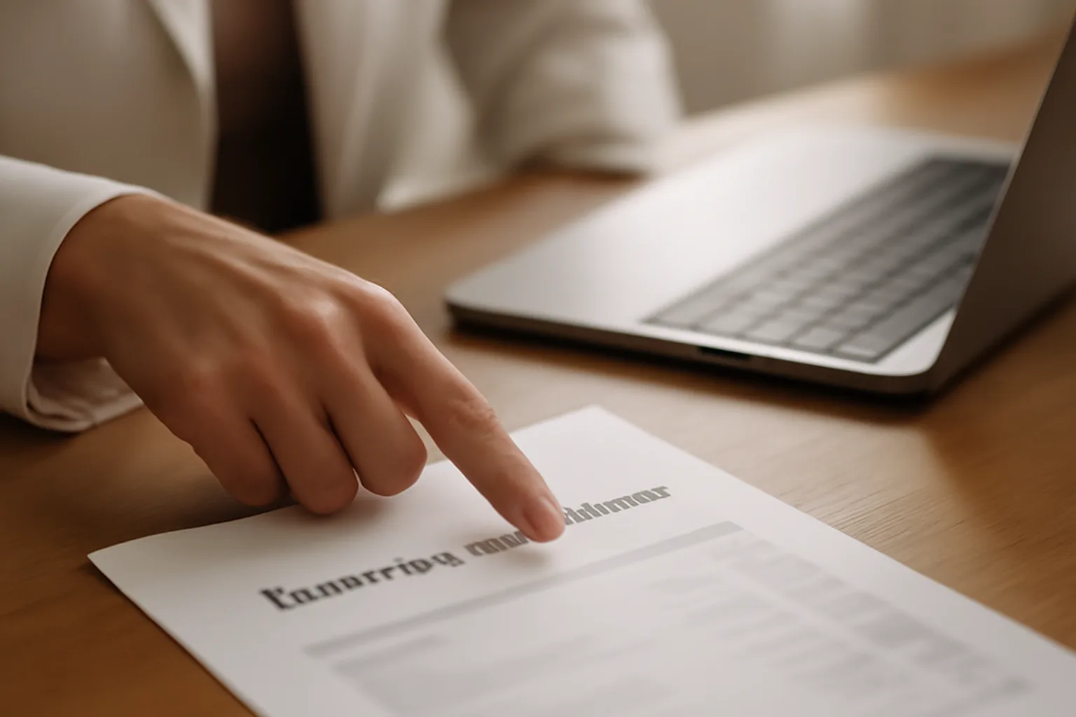 An elegant adult woman’s hand pointing at a billing statement next to a laptop