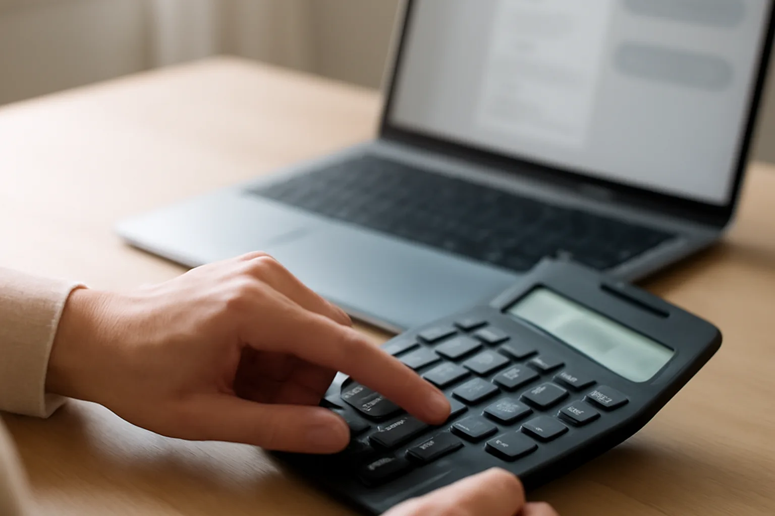 A person calculating costs on a calculator next to a laptop showing a messaging interface