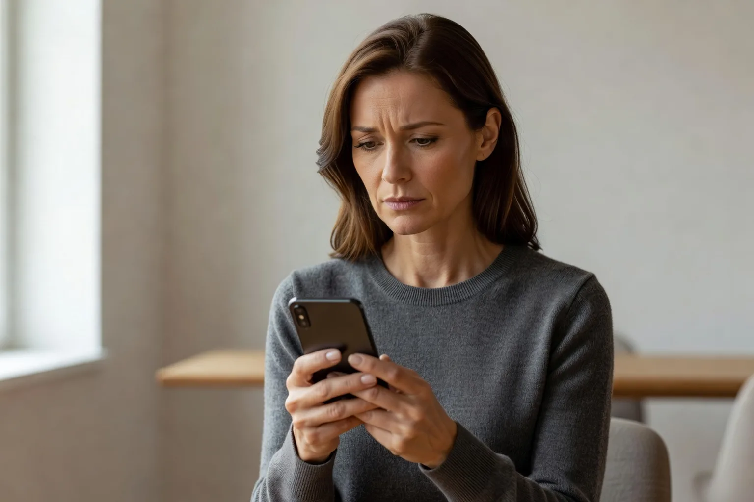 An elegant adult woman looking concerned while reading a message on her smartphone
