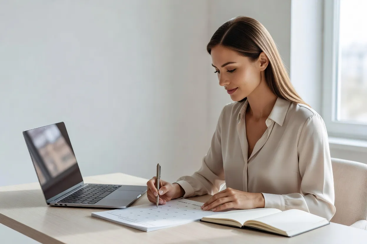 A woman at a tidy desk marking a renewal date on a paper calendar with a pen, a laptop and a notebook beside her