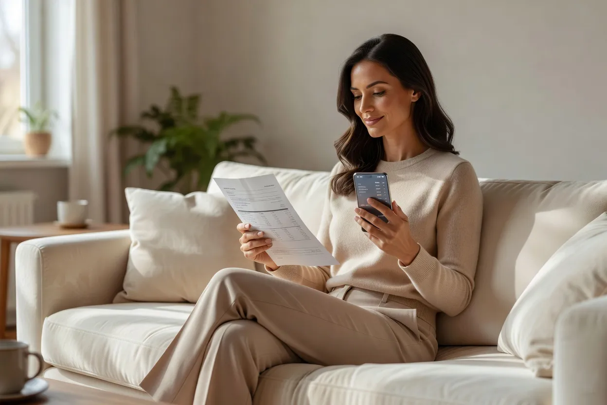 A woman on a sofa comparing a printed statement with her smartphone to check a subscription charge