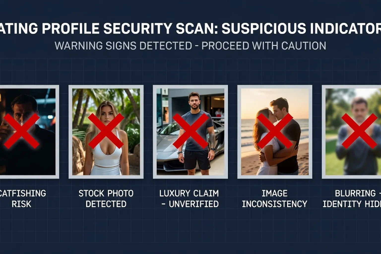 Five suspicious dating profile photos with red warning signs