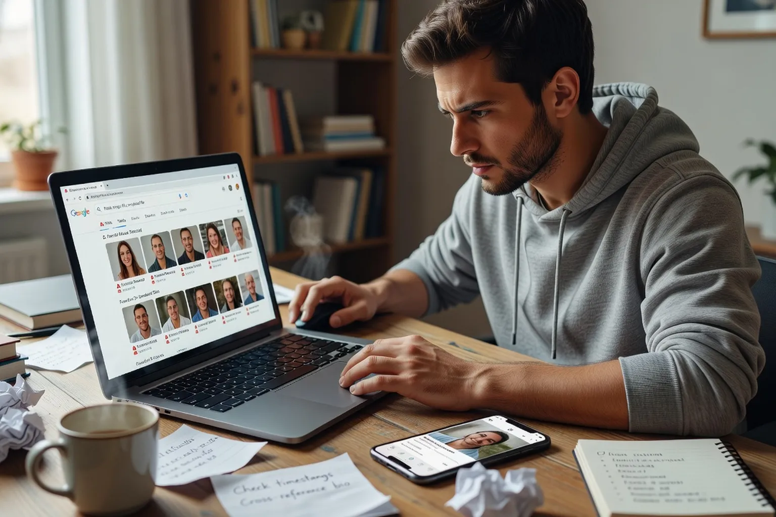 Person using reverse image search on laptop to verify a dating profile