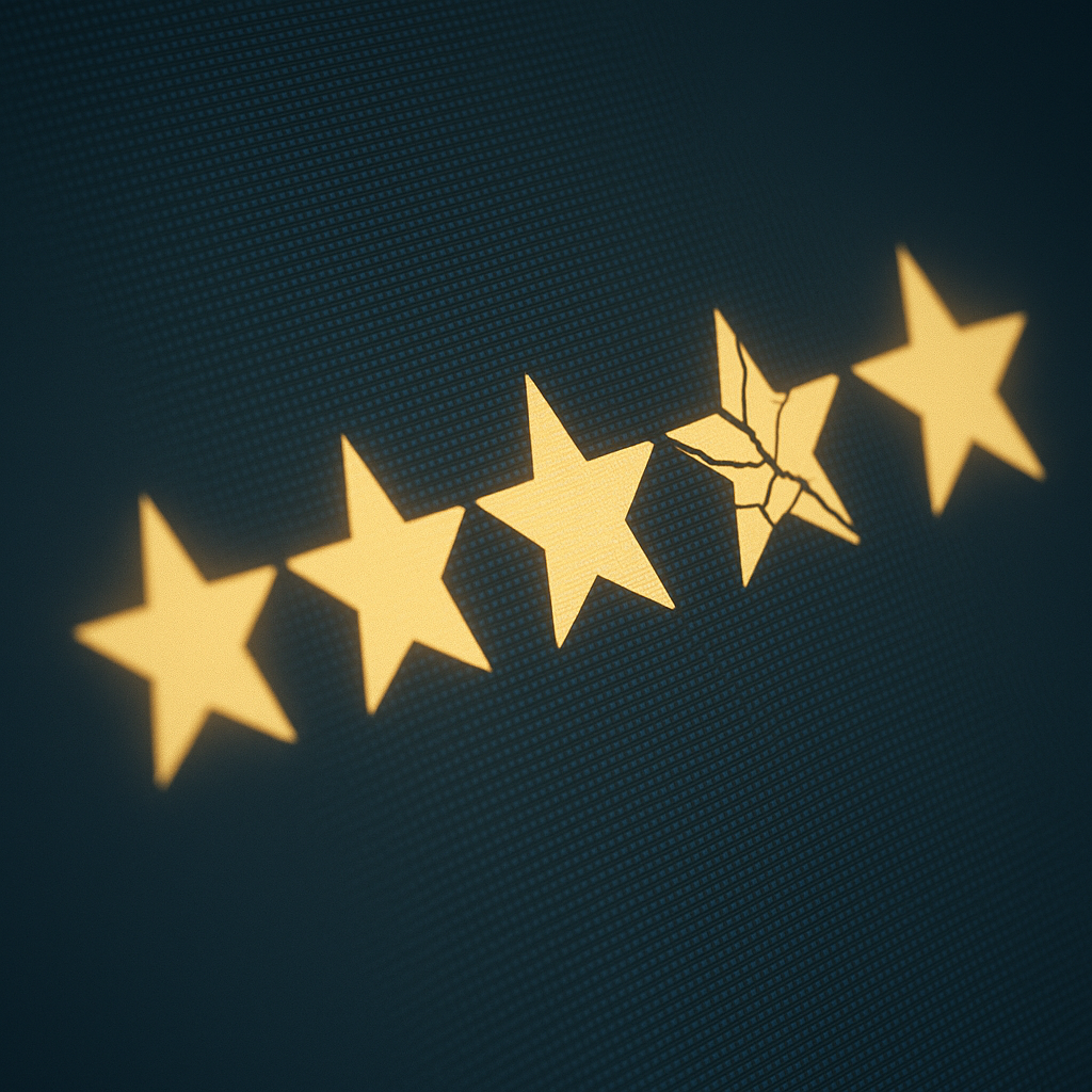 A magnifying glass hovering over a broken five-star rating on a screen
