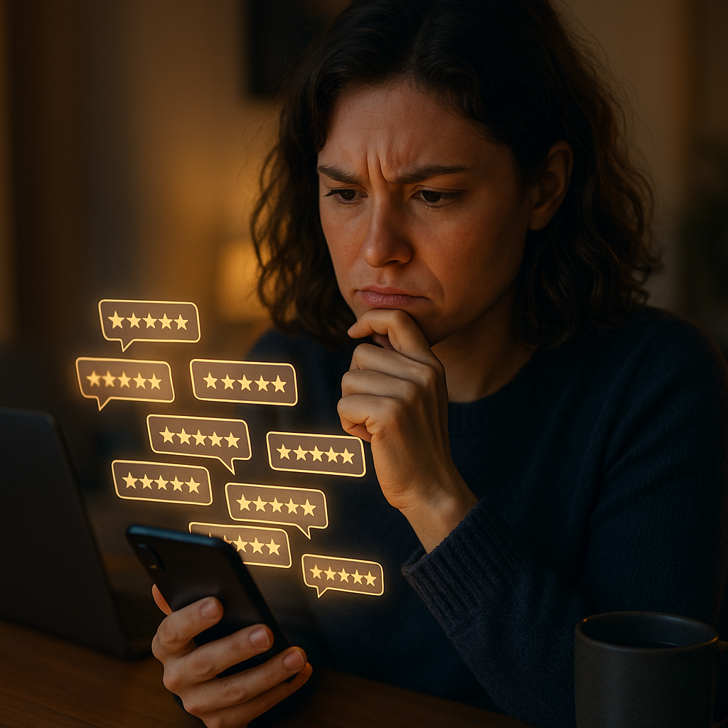 A skeptical person looking at a smartphone full of glowing dating app testimonials