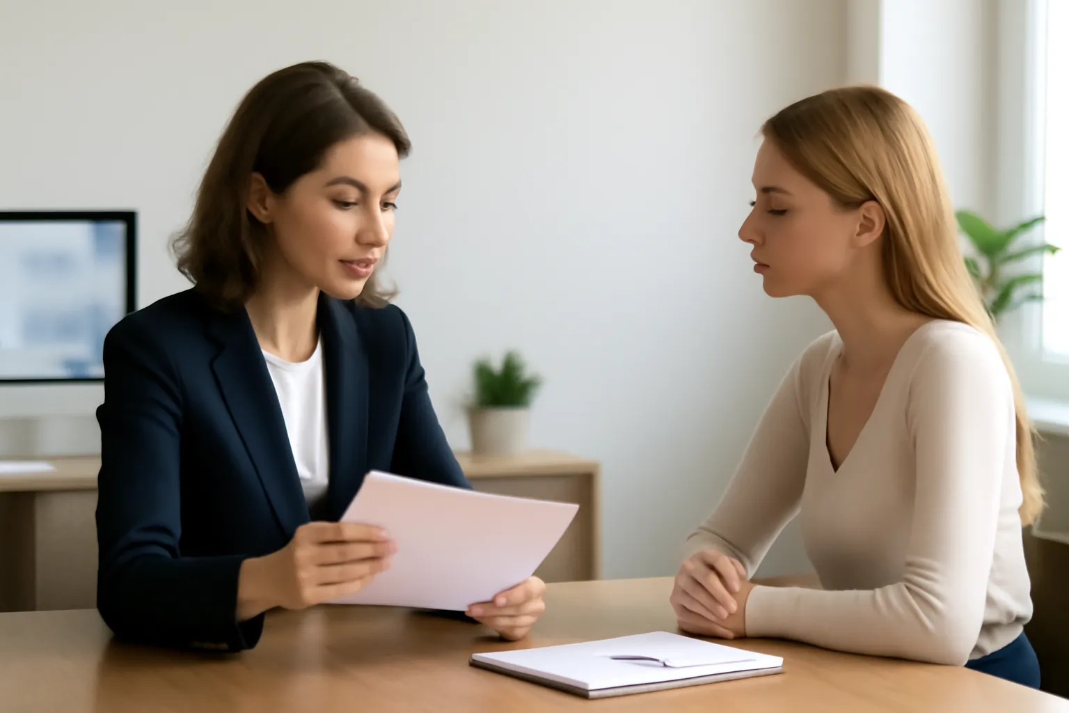 Two women across a wooden table in a bright office, one explaining a printed document to the other