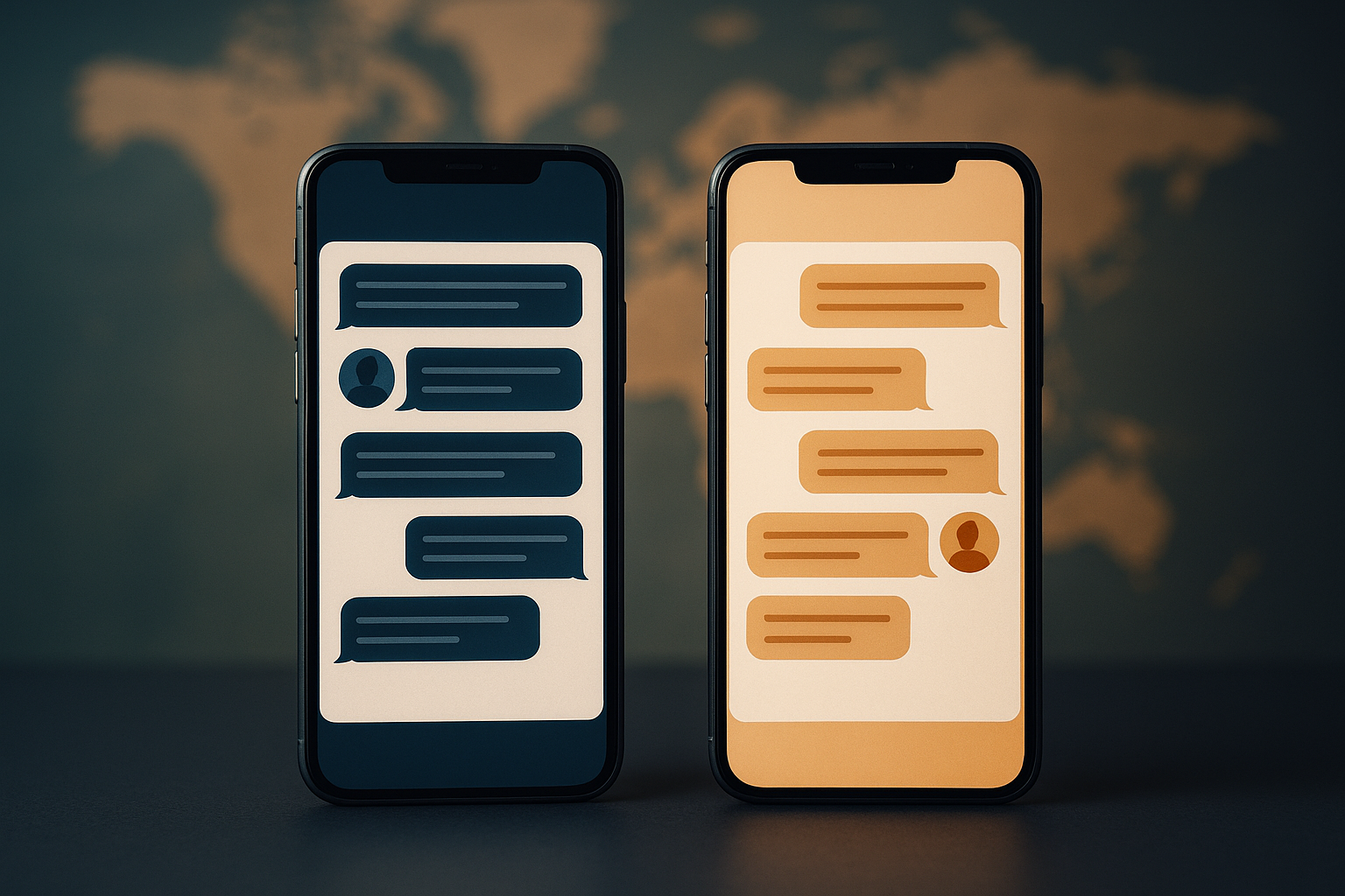 Two smartphones showing dating app conversations across time zones