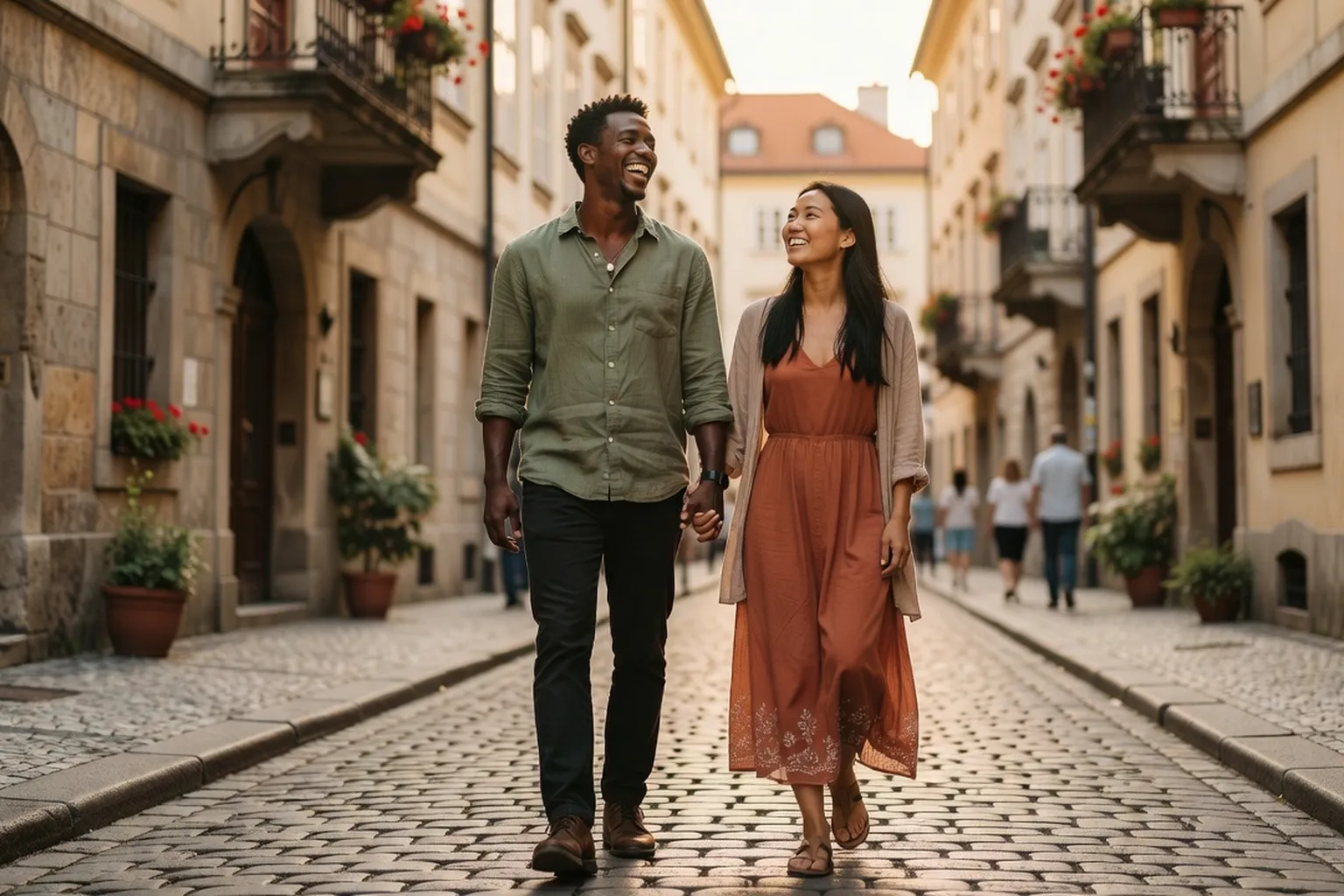 Diverse couple walking together representing successful cross-cultural relationship
