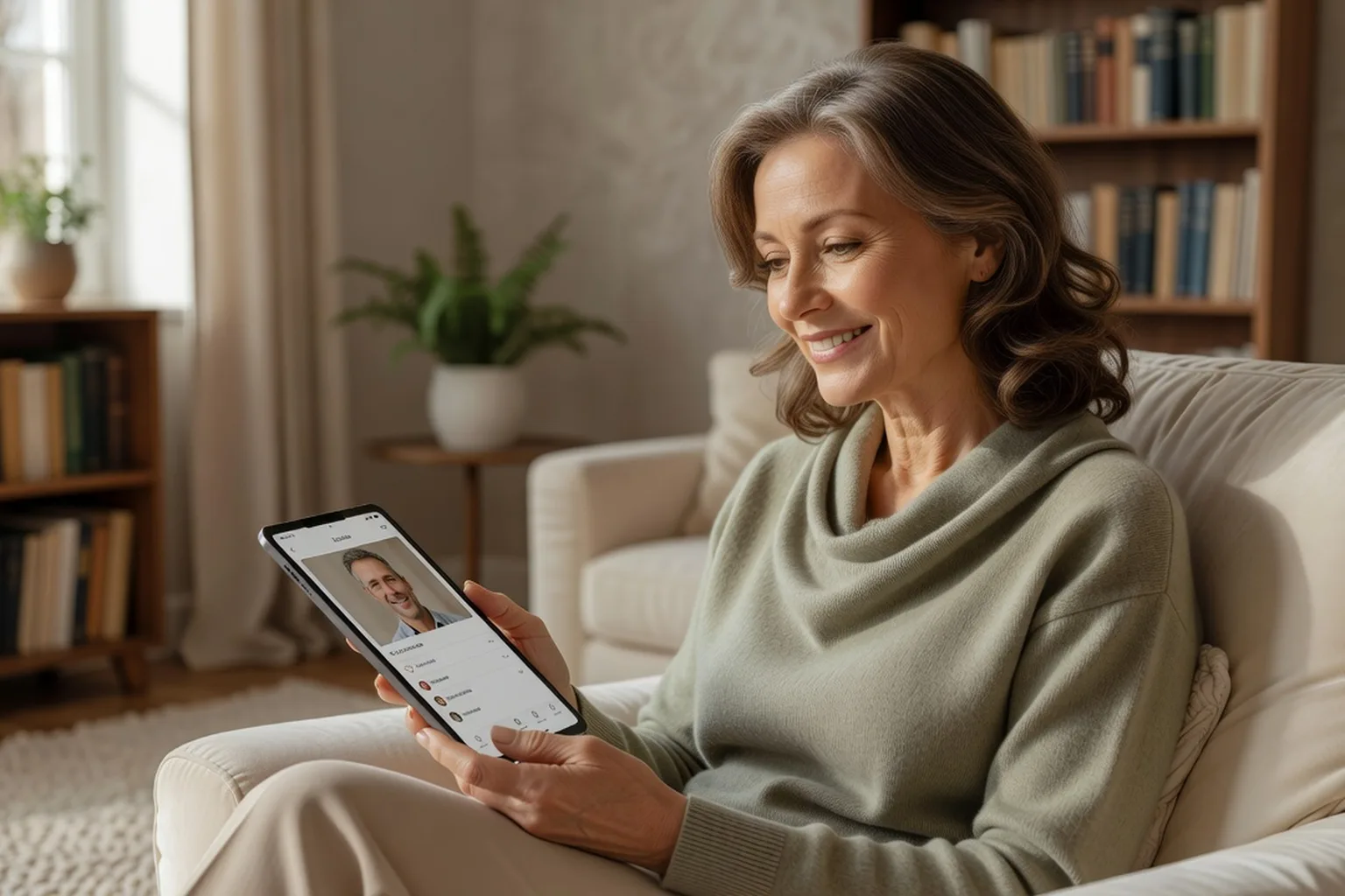 A woman in her fifties smiling while looking at a dating app on a tablet at home