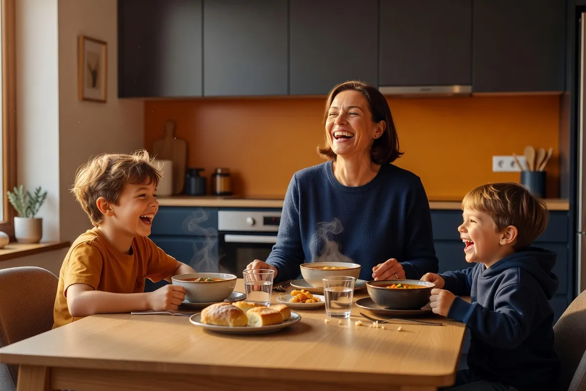A single parent and two children sharing a warm family dinner at home