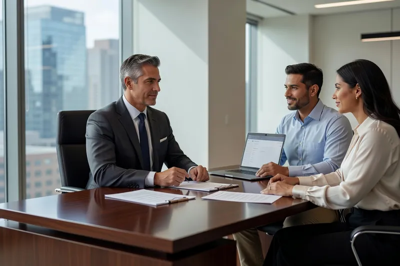 An immigration attorney consulting with clients in an office