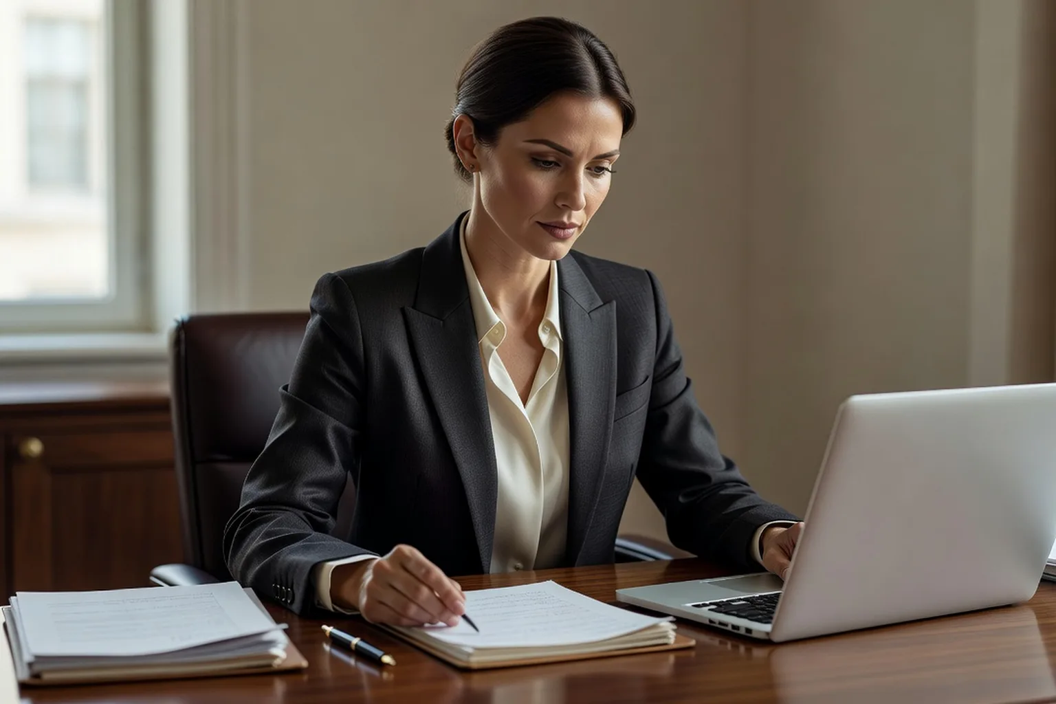 A professional matchmaker reviewing client profiles at her desk