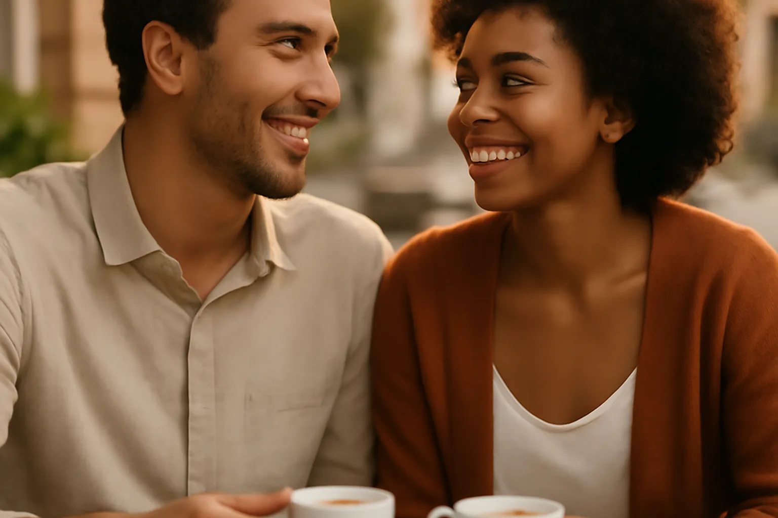 A couple on a relaxed first coffee date after meeting through a dating app
