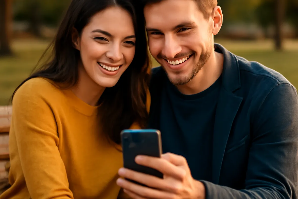 A couple looking at a smartphone together and smiling, representing genuine compatibility