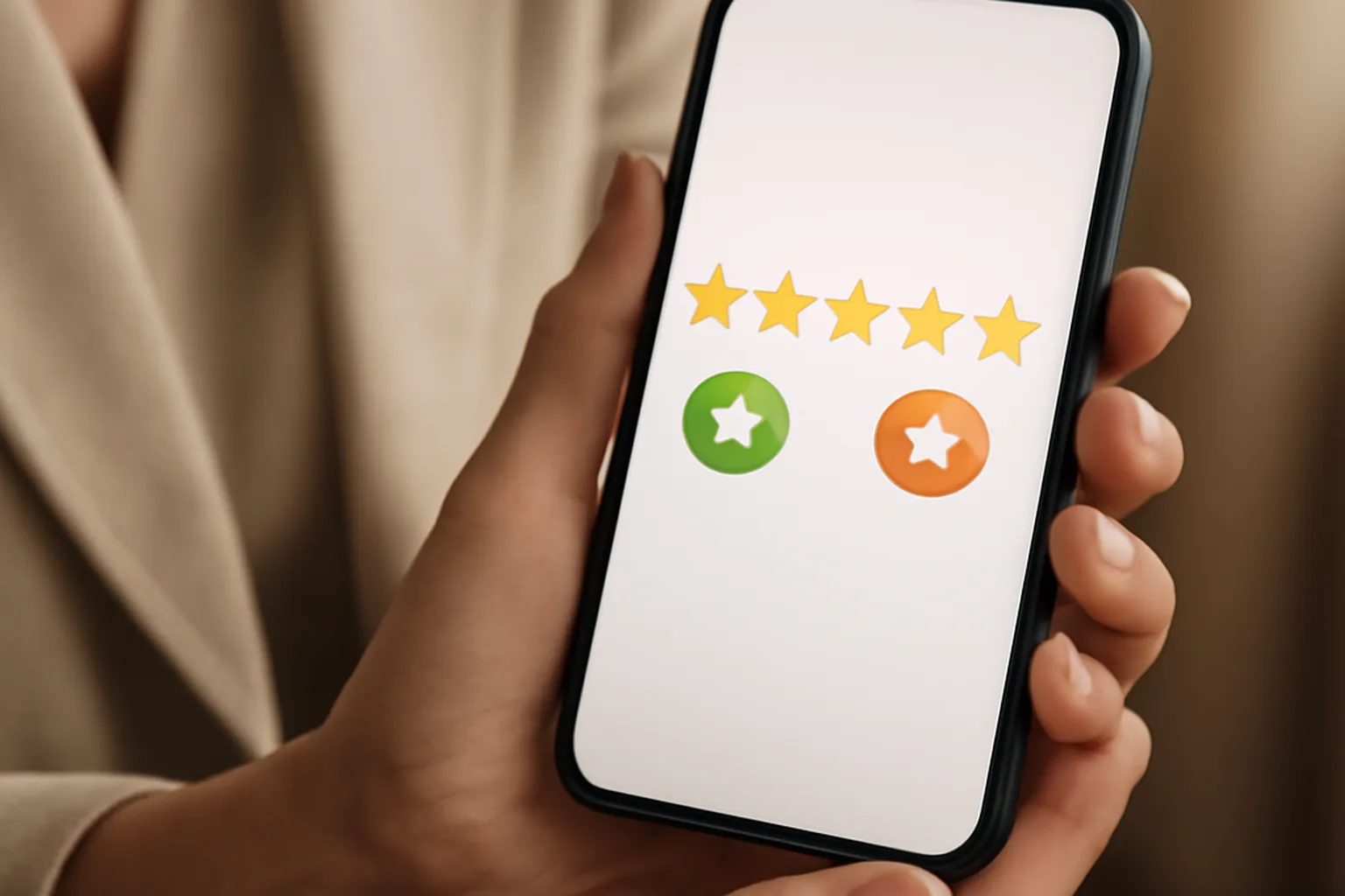 An elegant adult woman’s hands holding a smartphone showing conflicting star rating icons