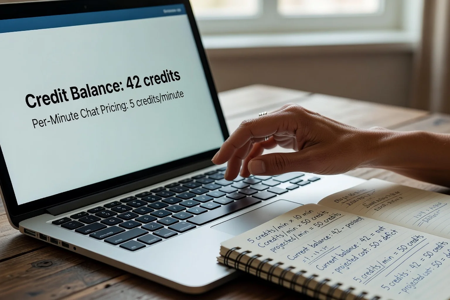 A woman's hand hesitating over a laptop keyboard showing a dating site credit balance and per-minute chat pricing, with a notebook of spending calculations beside it