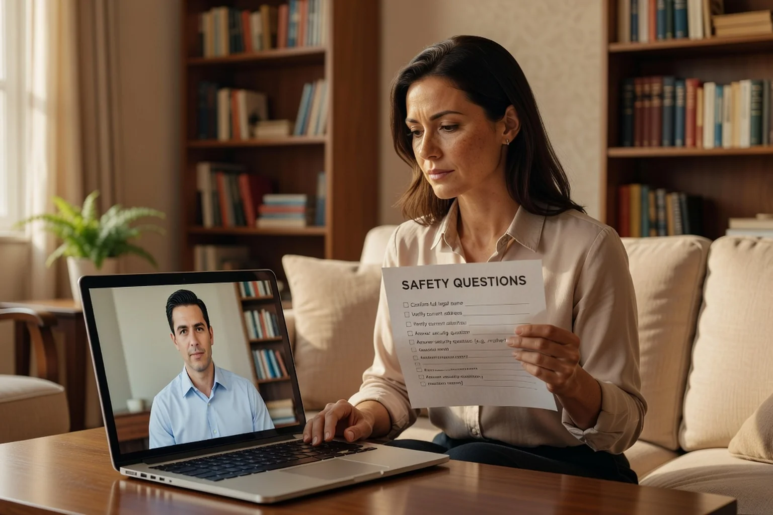A woman on a live video call with an international match, holding a printed safety questions checklist while verifying the person's identity on screen