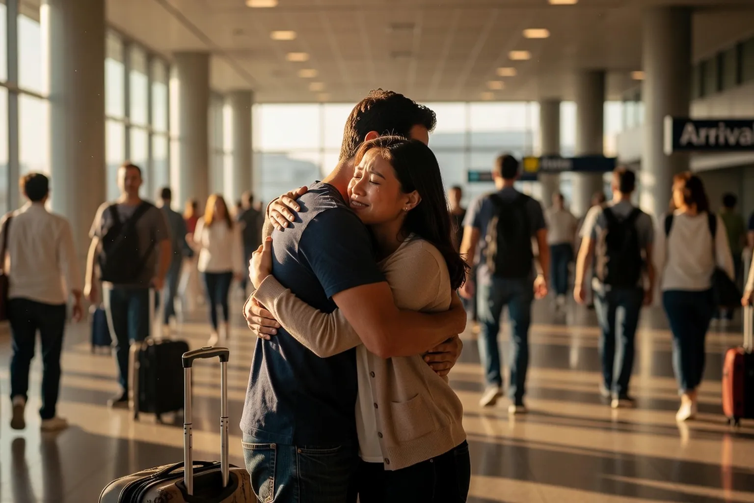 Airport reunion after long distance relationship