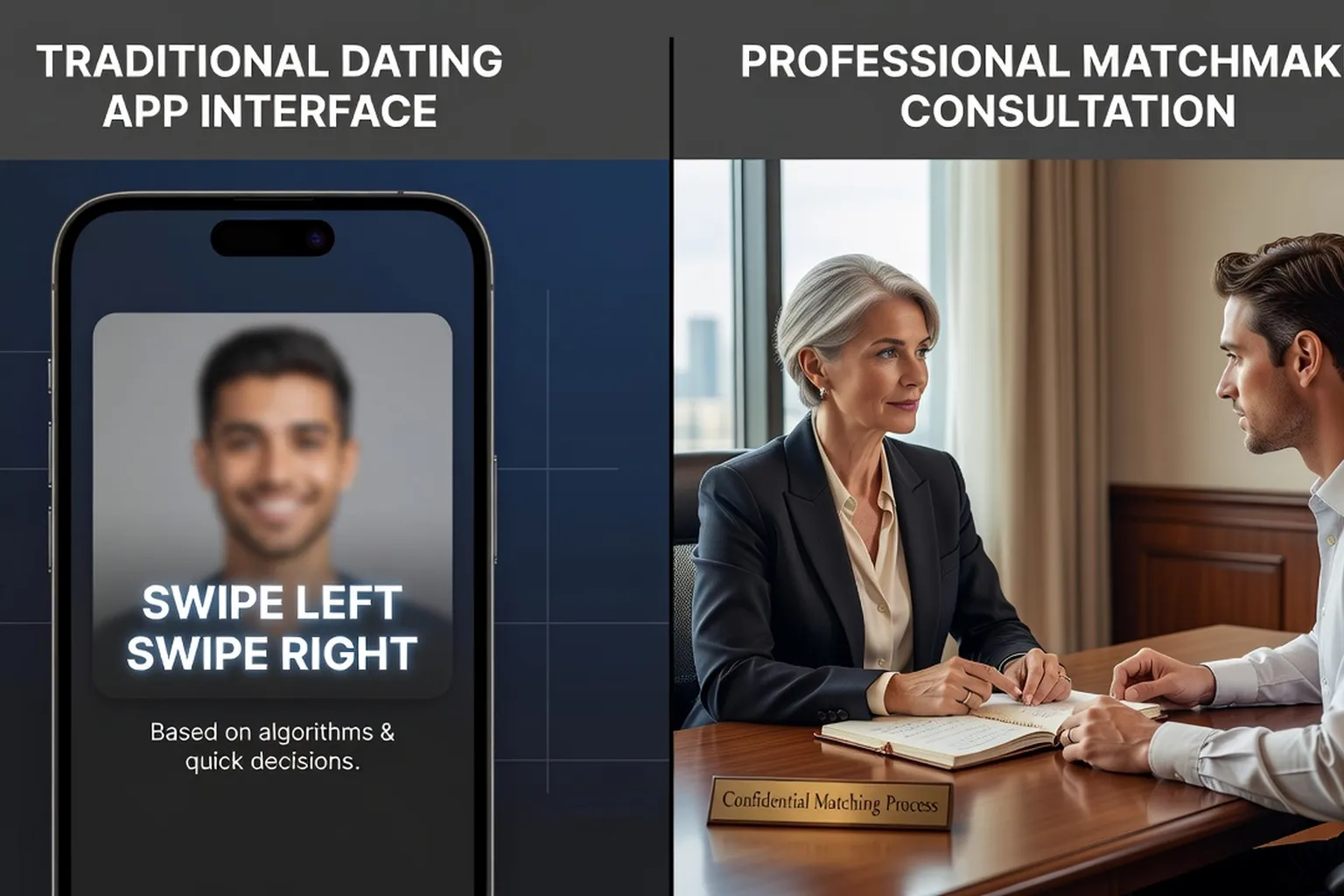 Split comparison between swipe-based dating app and professional matchmaking consultation