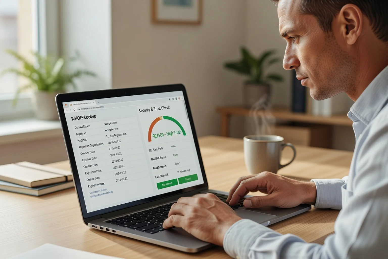 A user checking a dating site's WHOIS ownership record and trust score before signing up