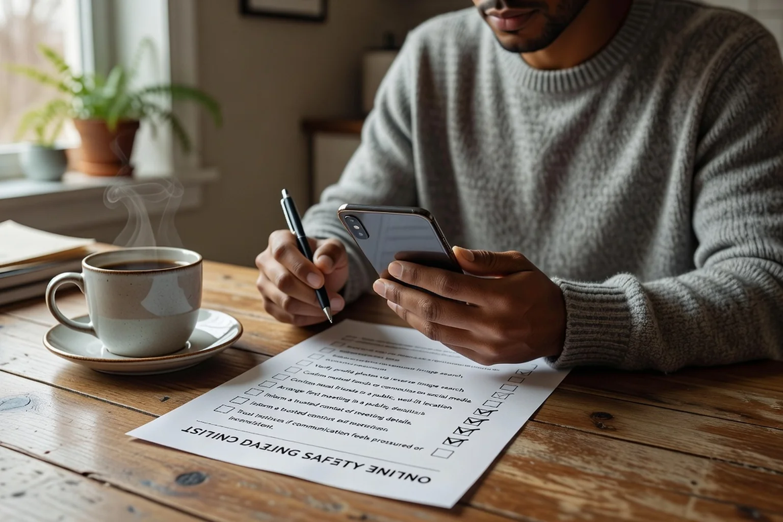 A person following a printed safety checklist while setting up a dating profile on a phone