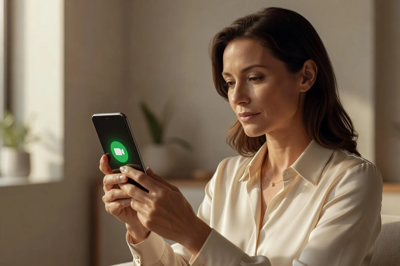 An elegant adult woman holding a smartphone showing a live video call icon while testing identity verification