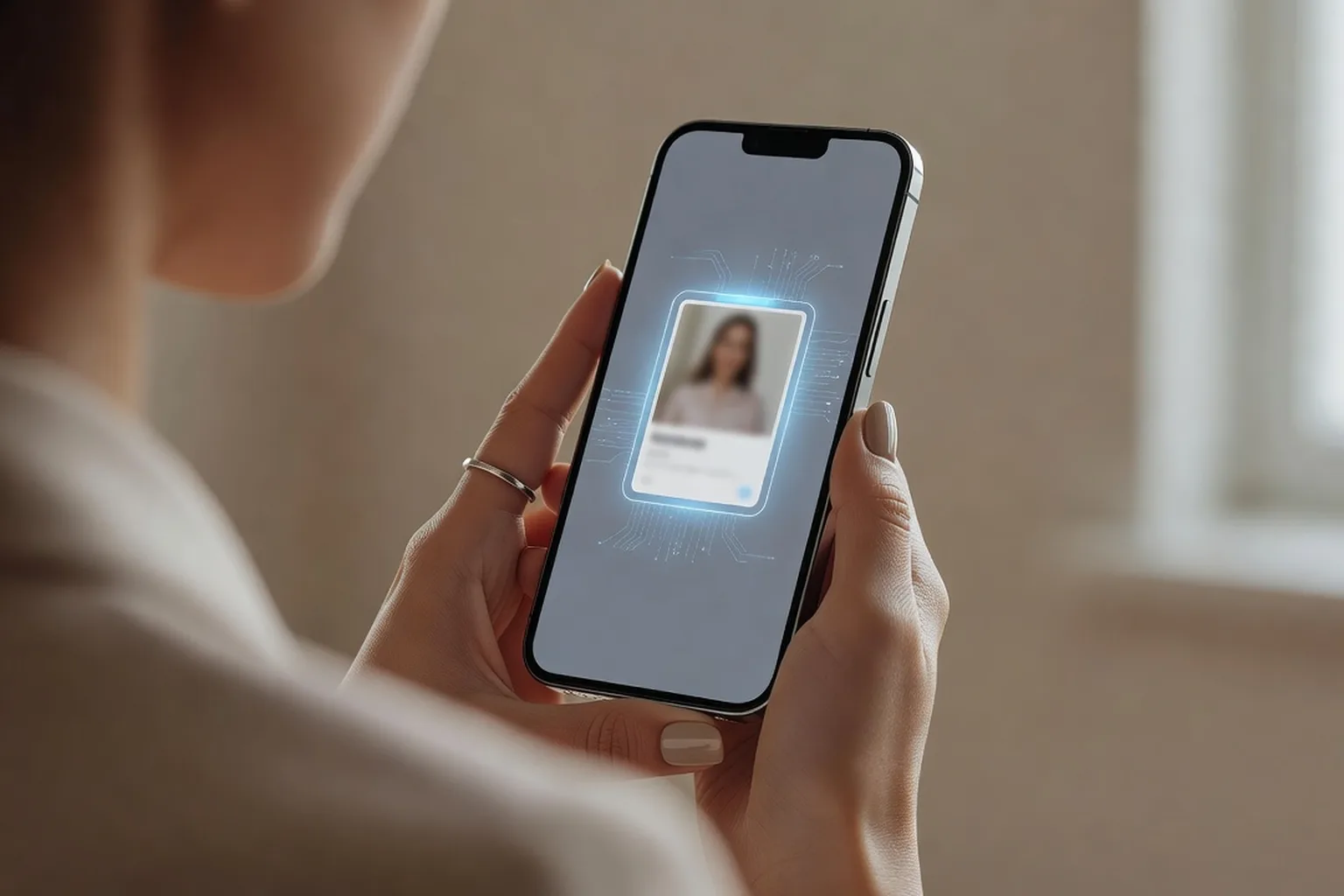 A person running a reverse image search on a smartphone to verify a dating profile photo