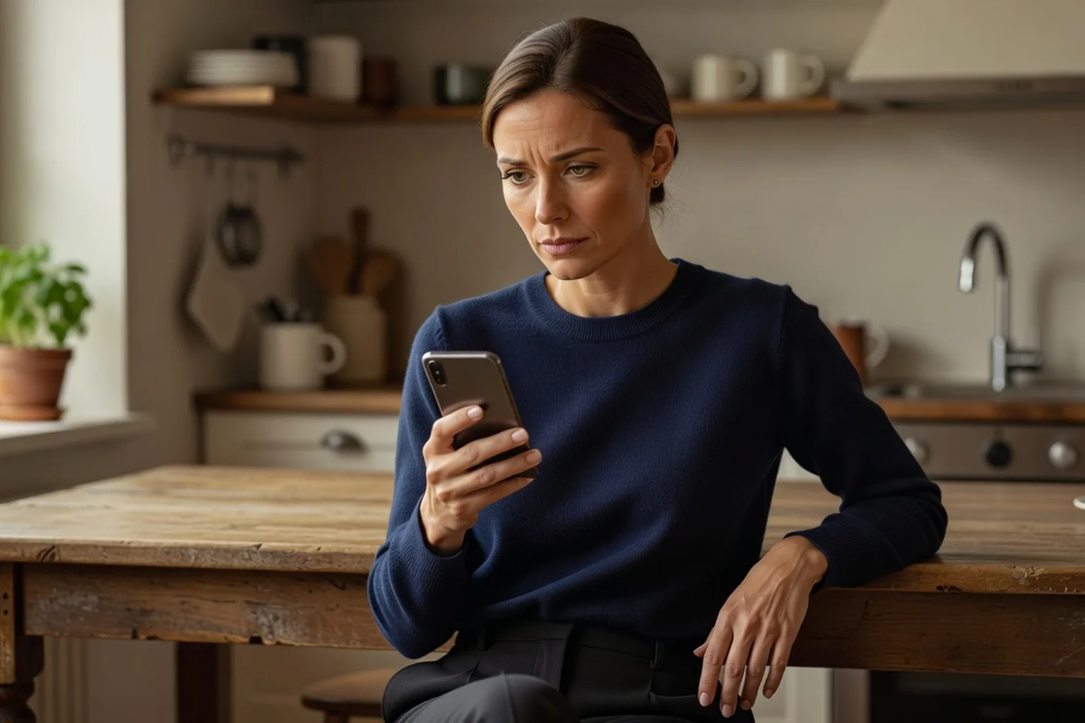 A woman looking skeptically at a phone screen showing a suspicious money request message