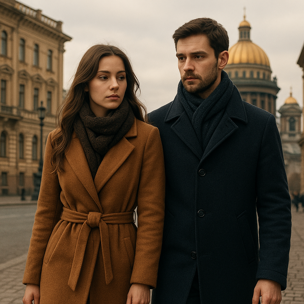 A couple walking together in a historic European city with classical architecture