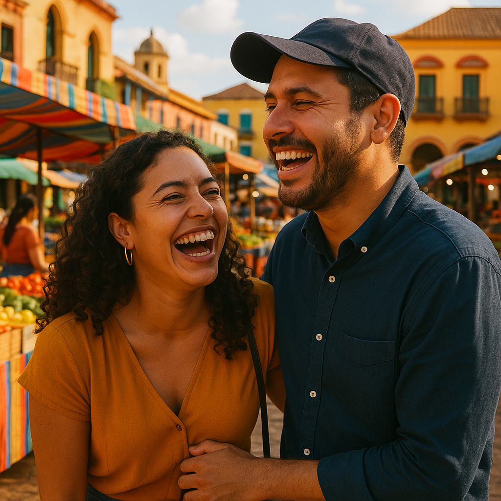 A couple laughing together at an outdoor Latin American market with colorful stalls