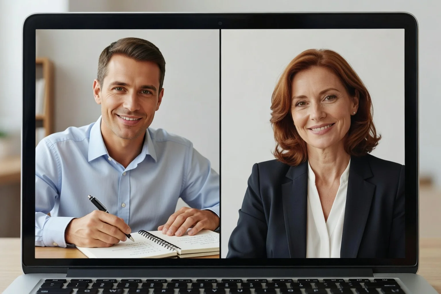 A man and a woman smiling at each other on a split-screen video date displayed on a laptop, with the man taking notes in a notebook beside the keyboard
