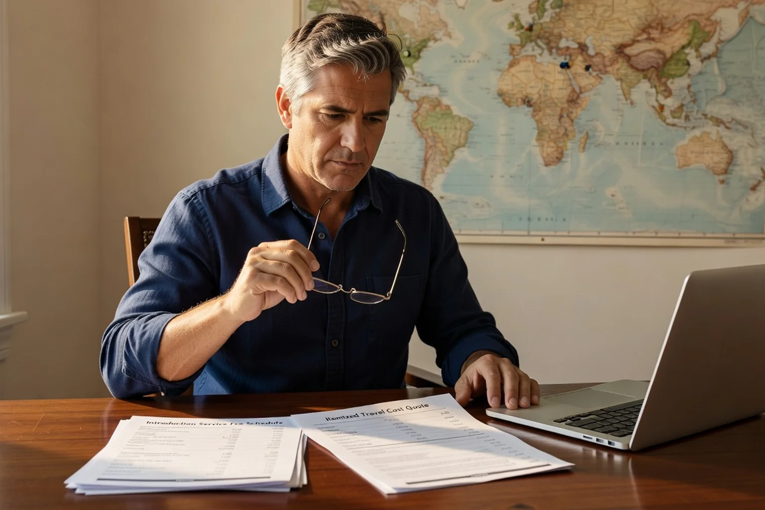 A middle-aged man reviewing printed introduction service fee documents and an itemized travel cost quote at a wooden desk, with a world map on the wall behind him