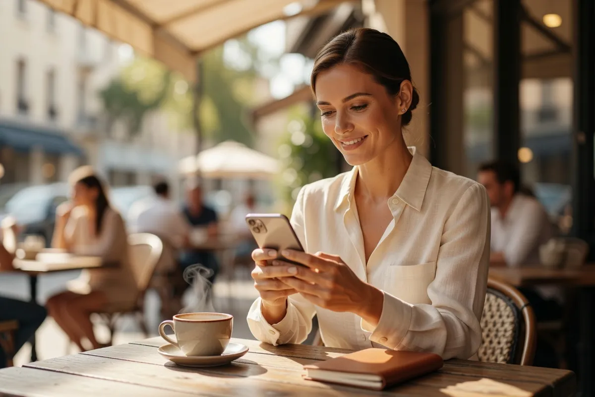 A smiling woman checking her matches on a smartphone at a sunlit cafe table with a coffee and notebook