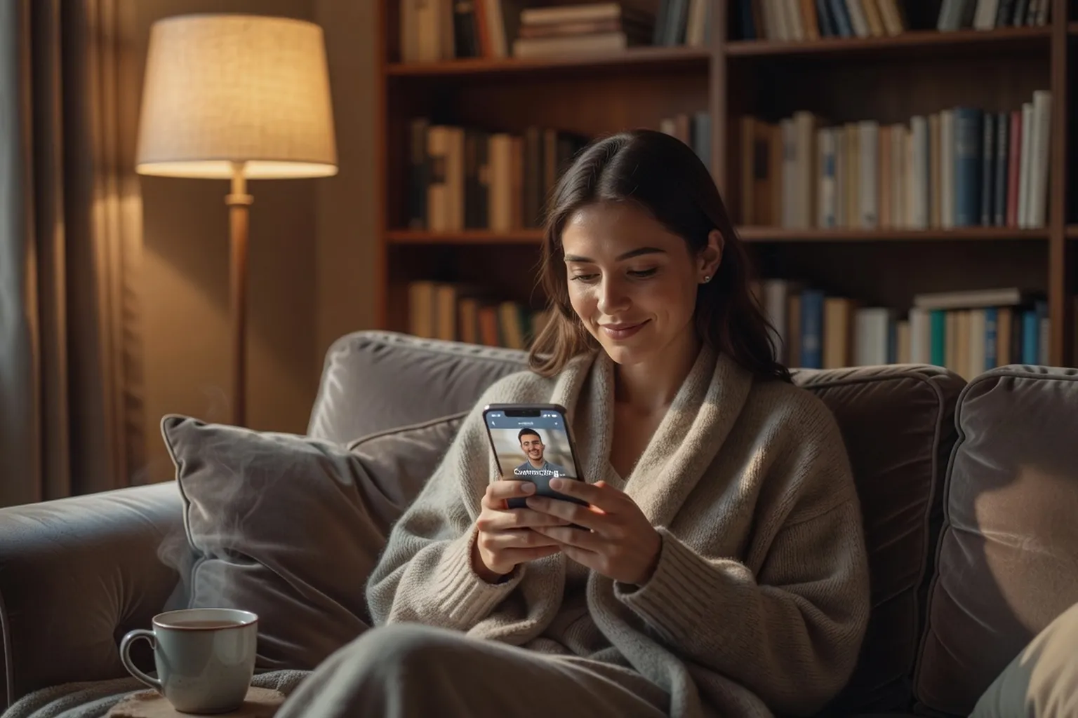 An introverted person calmly using a dating app on a couch at home
